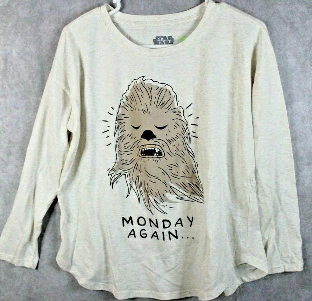 Star Wars Shirt Womens Large Chewbacca Monday Again Long Sleeve Beige Graphic